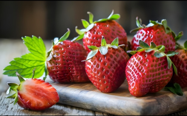 a strawberry is on a cutting board with a green leaf