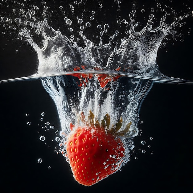 Photo a strawberry is dropped into water