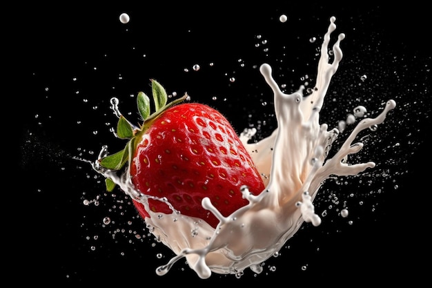 A strawberry is splashing into a bowl of milk.