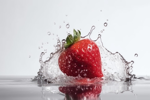 A strawberry is splashing in water and it is a fruit.