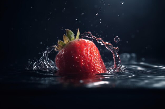 A strawberry is splashing in the water with a black background.