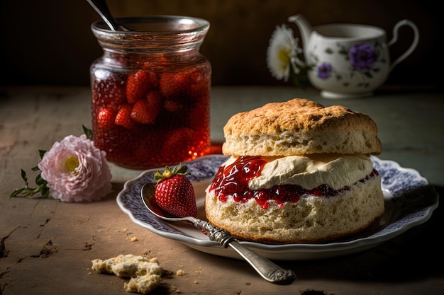 Strawberry jam and clotted cream on Scones