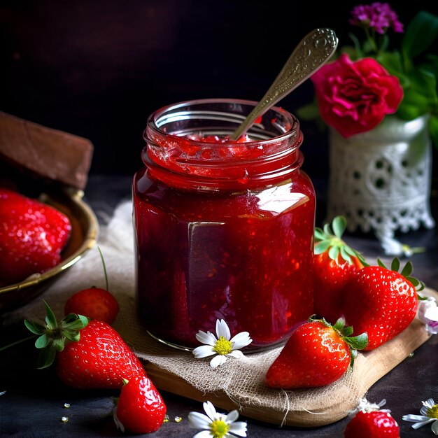 Strawberry jam in the glass jar with fresh berries Artificial Intelligence