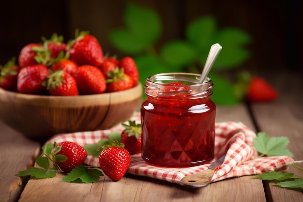 Strawberry jam in the glass jar at wooden table Generative AI