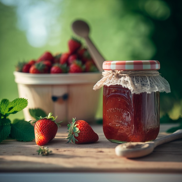 strawberry jam in a jar on wood table background illustration images