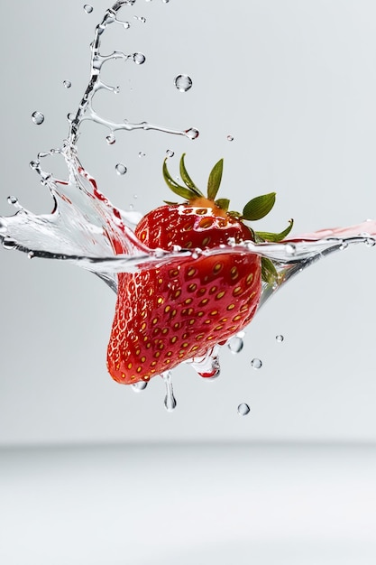 Photo strawberry juice splashing on water with white background 1