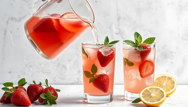 Photo strawberry lemonade pouring in glass from jug cocktail with strawberry ice and mint in glasses on