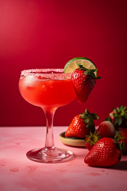 Strawberry margarita cocktail on a pink background Generative AI