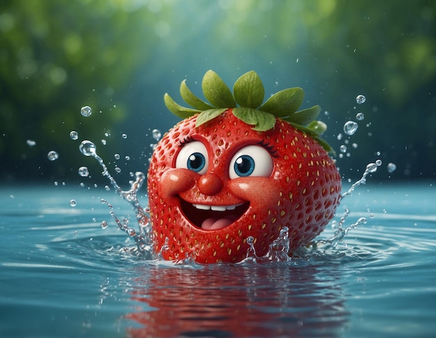 strawberry mascot cartoon character with a strawberry with a smile on its face is in the water