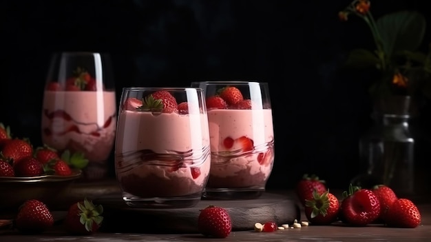 Strawberry milk with homemade strawberry compote sauce on dark background