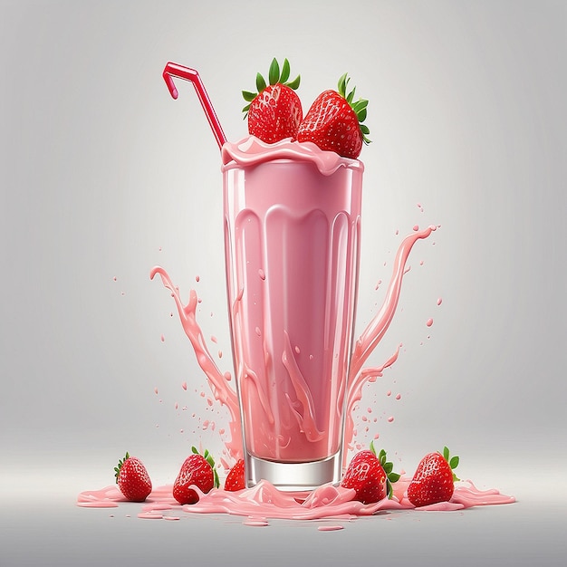 Strawberry milkshake glass bowl strawberries banana on white Healthy eating breakfast concept