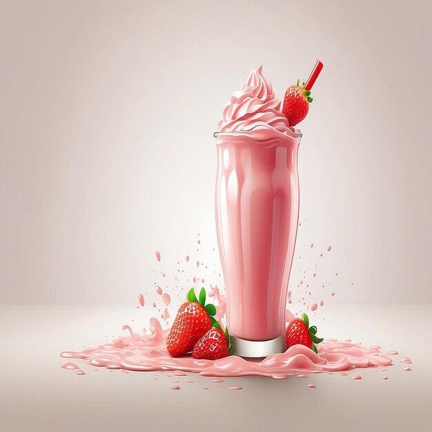 Strawberry milkshake glass bowl strawberries banana on white Healthy eating breakfast concept