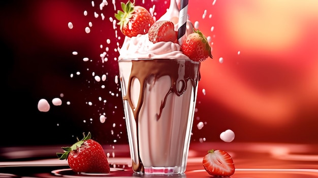 Strawberry milkshake ice drink strawberry chocolate splash background