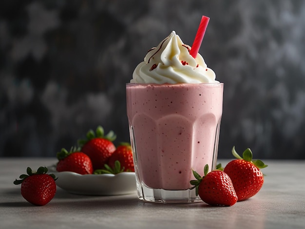 strawberry milkshake and others fruit with a slice of cake on the side