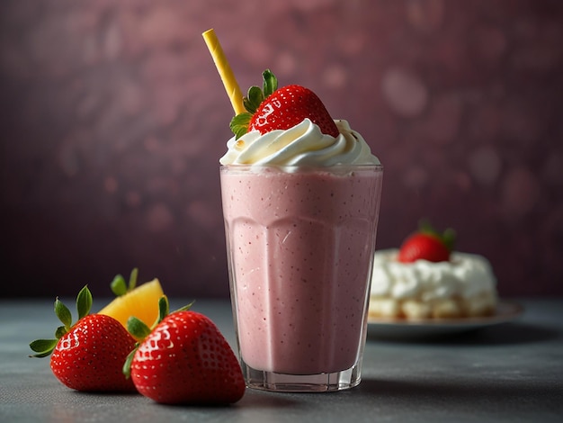 strawberry milkshake and others fruit with a slice of cake on the side