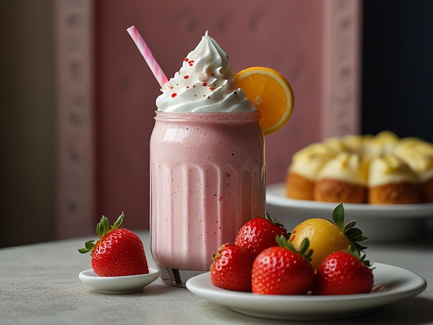 strawberry milkshake and others fruit with a slice of cake on the side