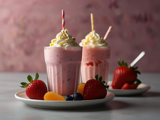 strawberry milkshake and others fruit with a slice of cake on the side