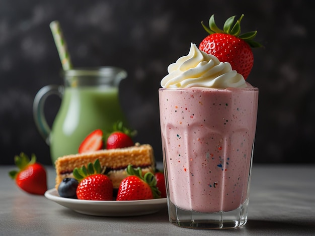 strawberry milkshake and others fruit with a slice of cake on the side