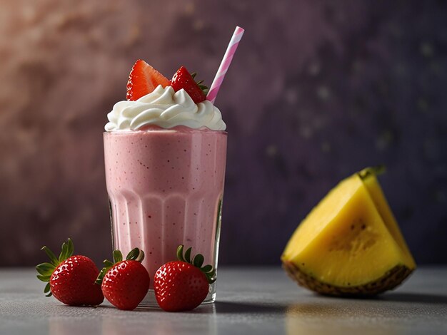 strawberry milkshake and others fruit with a slice of cake on the side