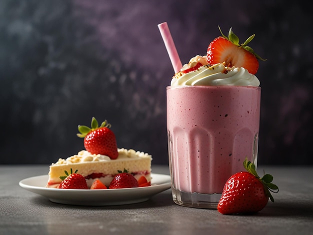 strawberry milkshake and others fruit with a slice of cake on the side