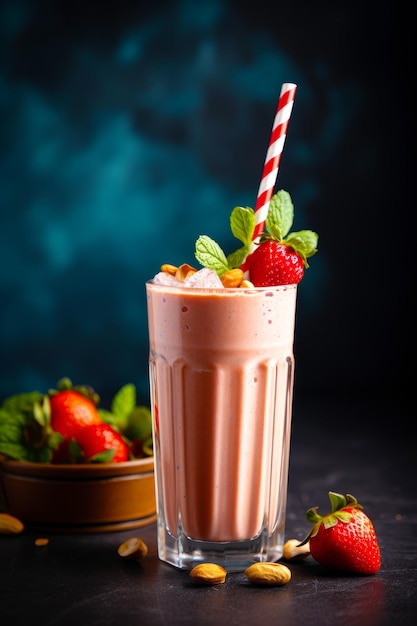 Strawberry milkshake with straw and strawberry on the side Generative AI