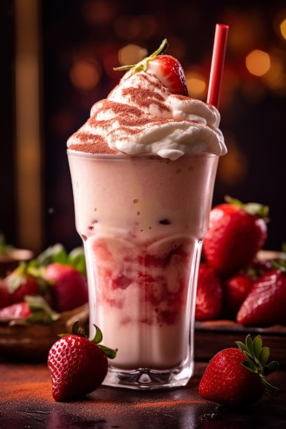 A strawberry milkshake with strawberries on top