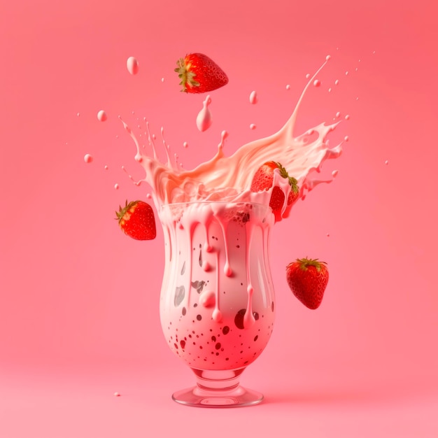 A strawberry milkshake with strawberry falling on top and splashing Generative AI