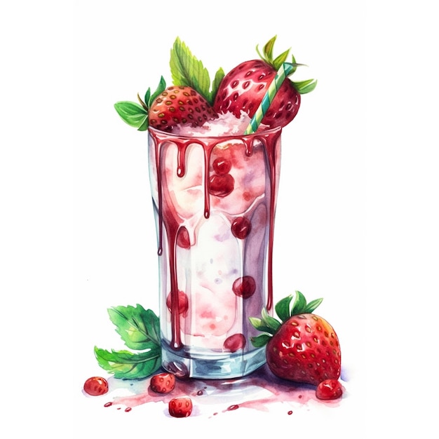 A strawberry milkshake with a strawberry and raspberry syrup.