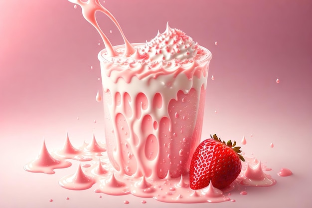 A strawberry milkshake with a strawberry on the top