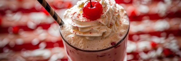 Strawberry milkshake with whipped cream and cherry