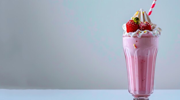 Strawberry milkshake with whipped cream and strawberries