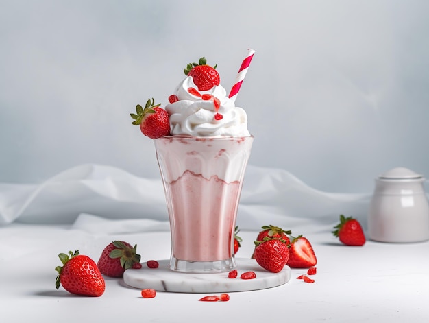 A strawberry milkshake with whipped cream and strawberries