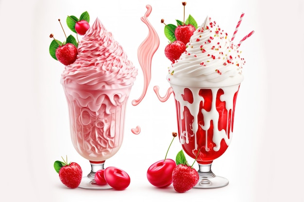 Strawberry milkshakes with cherry and whipped cream are depicted on a white background