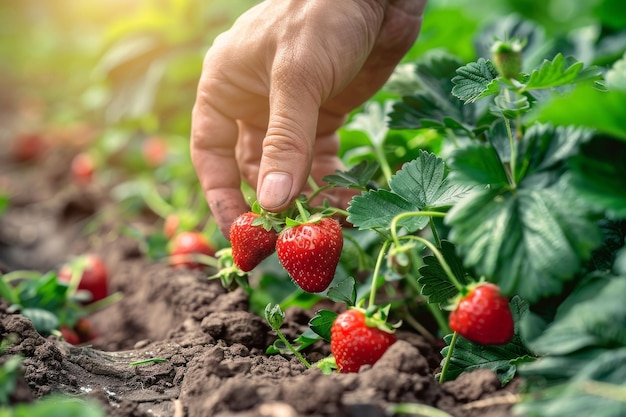 Strawberry Picking CloseUp Hands Pluck Ripe Strawberry Beautiful Big Red Strawberries in Garden