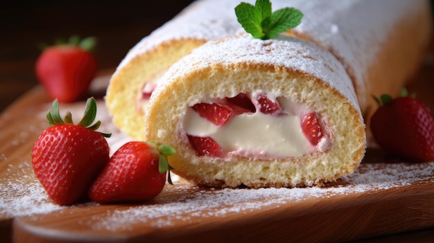 A strawberry roll with cream filling and fresh strawberries on a wooden board.