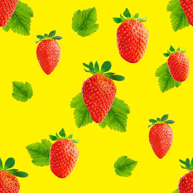 Strawberry seamless pattern ripe strawberries isolated on yellow package design background