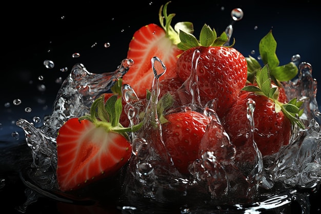 strawberry slices with knife and water drops and splashes on black background