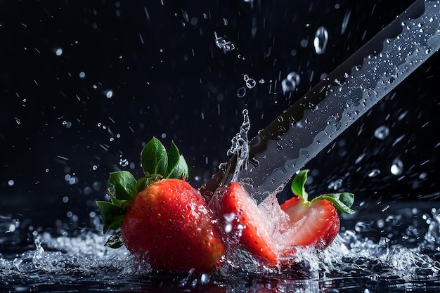 strawberry slices with knife and water drops and splashes on black background