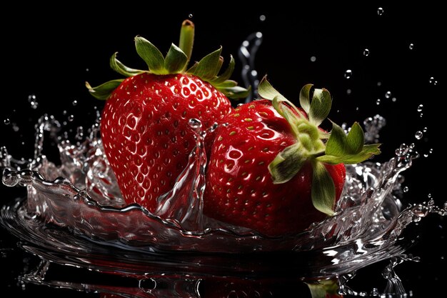 strawberry slices with knife and water drops and splashes on black background