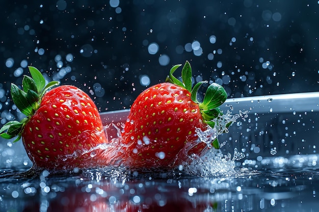 strawberry slices with knife and water drops and splashes on natural background