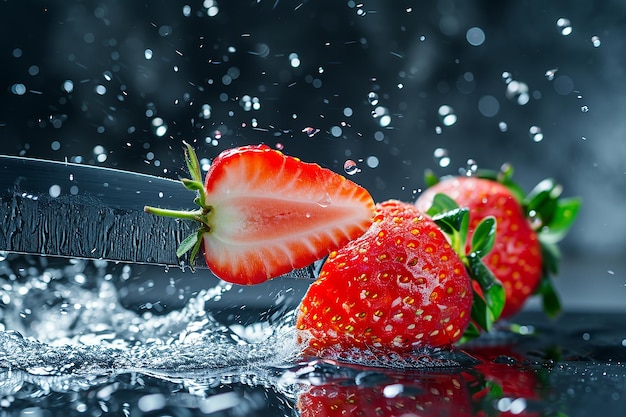 strawberry slices with knife and water drops and splashes on natural background