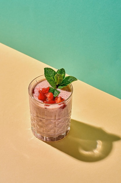 Strawberry smoothie on a bright background Cool drink or cocktail