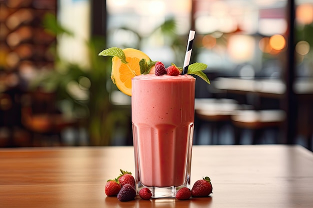 strawberry smoothie in a glass on a table in a cafe A refreshing fruit smoothie poured into a clear glass on a cafestyle background AI Generated