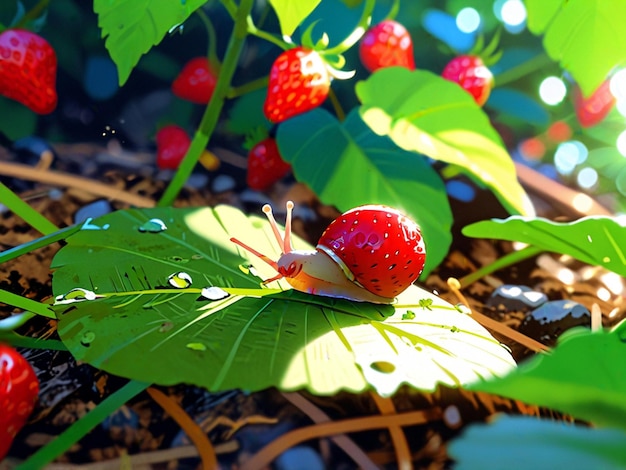 strawberry snail crawling on leaf natural