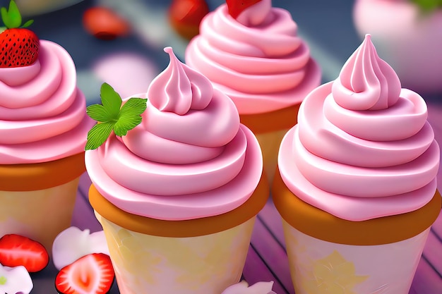 Strawberry soft serve ice cream realistic soft serve with float sauce and delicious fruits