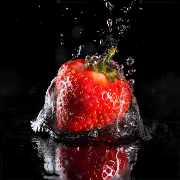 Strawberry in the splash of water on isolated black background