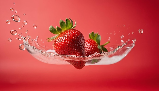 Photo a strawberry splashing into a bowl of water with the word strawberry on it