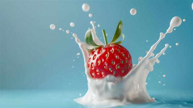 a strawberry splashing into a splash of milk