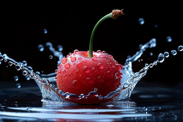 a strawberry splashing into a water droplet