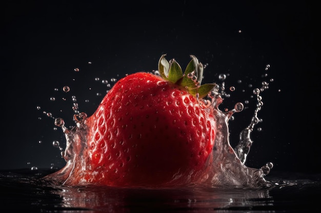 A strawberry splashing in water with a black background.